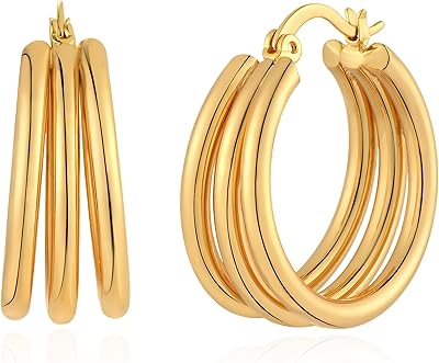 Thick, thick golden golden earrings for women, triple Creole earrings gold Plated 14 carats, simple hypoallergenic jewelry, gifts for women and girls, yellow, without precious stones.. Shop with purpose at DIAYTAR NIGERIA and receive your purchases at unbeatable prices within the week.
