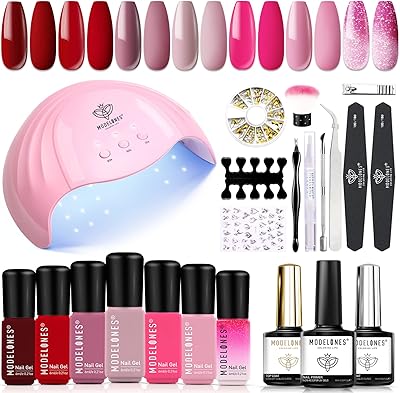 Nail polish kit Models with 48 W nail lamp - Set of nail polish gel 7 colors red flesh, basic finishing layer without wiping, nail primer, nail art decorations, manicure tools, DIY starter kit ideal for her.. Why shop anywhere else? DIAYTAR Nigeria has it all and delivers fast.