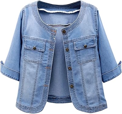 Short denim jacket without collar for women with 3/4 light denim jacket light.. DIAYTAR NIGERIA provides endless shopping possibilities with affordable prices and prompt delivery service.