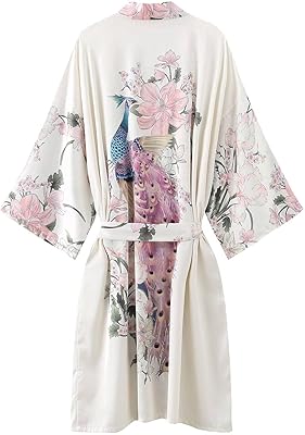 Silk kimono dress for women, short satin dress with peacock and flowers.. DIAYTAR NIGERIA makes online shopping accessible with our comprehensive platform and prompt delivery service.