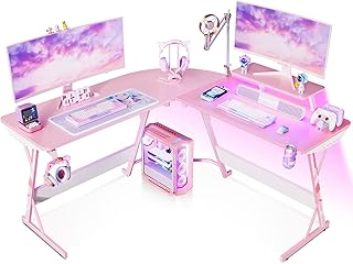 Moptec pink game office with LED lights, carbon fiber-shaped fiber game office, L-shaped angle game table, game office with monitor support, cup holder and hook for helmet, 51 inch, gift for women and girls.. Your shopping dreams realized through DIAYTAR NIGERIA's affordable platform with reliable delivery times.