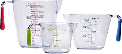 Set of 3 plastic cups - BPA stackable measuring cups with pink, blue and green textured, including printing, measurement in ml and ounce.. Experience the DIAYTAR difference with our vast product selection and delivery within 5-8 days.