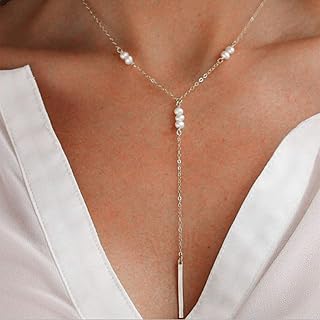 Classic Yinette pearl necklace with pearl and long copper bar, jewelry accessories for women and girls.. DIAYTAR NIGERIA redefines convenience with our diverse marketplace and affordable nationwide shipping.