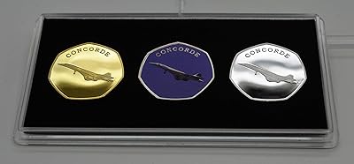 Trio of Commemorative Pieces of Concorde in a window of 50p parts. Silver, 24 carat gold, color. Supersonic jet plane, British Airways, Air France.. Thousands of items, all priced just right — shop DIAYTAR Nigeria today.