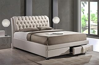 Padded bed in light beige fabric with modern buttons and drawers (queen size 160 × 200).. From checkout to your doorstep in less than a week — DIAYTAR Nigeria.