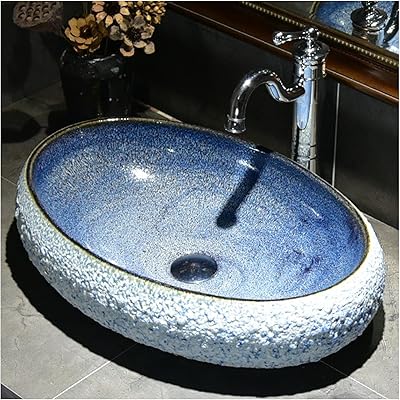 Bathroom sink, vintage ceramic sink painted by oval hand, for bathroom renovation, 55x37x14cm.. Your trusted marketplace, DIAYTAR NIGERIA offers comprehensive selection with budget-friendly delivery.