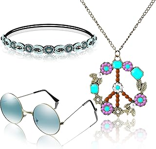 Set of hippie costumes including a sign of peace, a collar, a headband, a hair tire and sunglasses from the 60s and 70s for women, 10, aluminum, garnet.. Your one-click solution to affordable shopping, DIAYTAR NIGERIA delivers quality products nationwide.