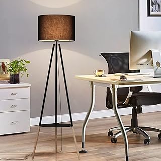 Modern brillos modern tripod floor lamp with living room shelf, wooden bedroom lamp with industrial lampshade in black fabric for desk (without E27 bulb).. DIAYTAR NIGERIA: Your affordable marketplace with reliable 5-8 day shipping across Nigeria.