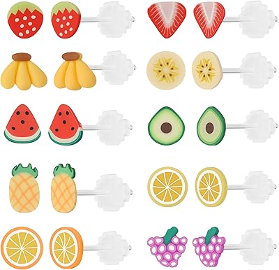 10 pairs of plastic earrings in the shape of a fruit for girls, hypoallergenic plastic earrings for women, resin, without precious stones, resin, without precious stones.. DIAYTAR NIGERIA makes quality accessible with our diverse product range and dependable delivery service.