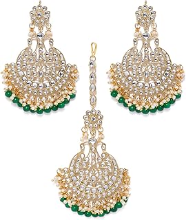 Magentika and traditional earrings set with a gold -plated kundan metal base and green pearls for women by Zaveri Pearls (ZPFK8540), metal, kundan.. The smarter way to shop online in Nigeria is through DIAYTAR Nigeria.