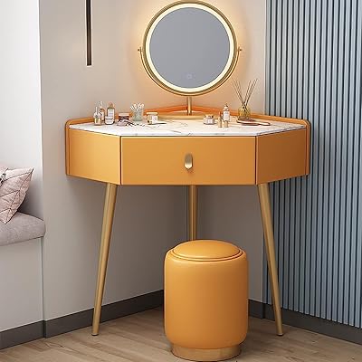 Modern, chic and elegant corner desk, dressing table with LED light mirror, dressing table with drawers, bedside table (orange).. DIAYTAR NIGERIA: Where affordability and variety meet with convenient delivery within 8 days.