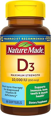 Nature Made 10,000 IU (250 mcg) Vitamin D3 supplement, immune health support, 60 capsules, 60 -day supply.. Experience satisfaction guaranteed with DIAYTAR NIGERIA's comprehensive platform and quick delivery.