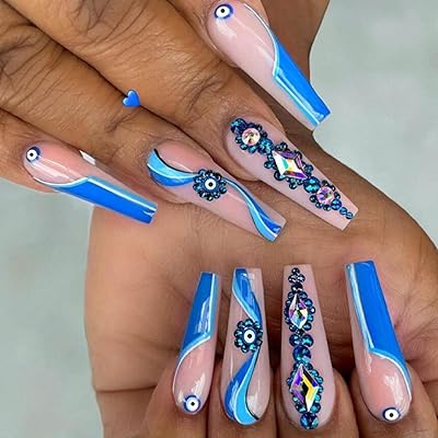 False nails to squeeze long coffin in blue rhinestones.. DIAYTAR NIGERIA: Your affordable gateway to thousands of products delivered within a week.