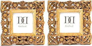 Traditional square photo frame in mango wood carved to hang with Moroccan sculpted frame by Souq designs, natural brown (rustic).. DIAYTAR NIGERIA brings affordable shopping to your fingertips with reliable delivery in less than 8 days.