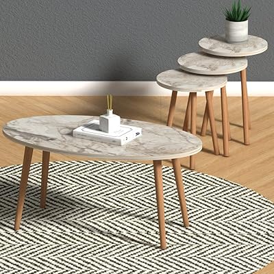 Modern coffee table ellipse in canvas, made in Türkiye, set of 3 central tables for the living room, wooden feet with easy assembly - Marble finish.. Shop with ease at DIAYTAR NIGERIA and enjoy our extensive product range delivered at affordable rates.