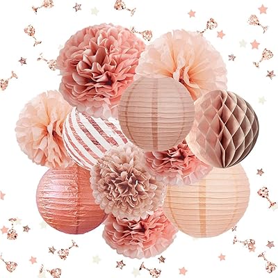 Party decorations, elegant festive supplies, lanterns with confetti paper pompoms for weddings, baby showers, birthdays, bachelor party, rose gold, 11 pieces.. DIAYTAR NIGERIA bridges the gap between desire and affordability with nationwide delivery in under 8 days.