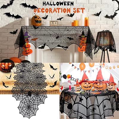 Halloween decoration kit, frightening Halloween party supplies including a black lace spider chimney rug, table runner and 3D bat window stickers for Halloween festive decorations (black).. Shop with confidence at DIAYTAR NIGERIA, Nigeria's premier affordable e-commerce platform.