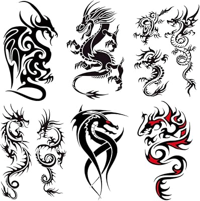 Temporary dragon tattoo stickers for women, men and girls, 6 leaves, kit of paper tattooing stickers, set of fake dragon tattoos, set of party gifts, waterproof and durable body tattoos by Yesallwas.. DIAYTAR NIGERIA: Your partner in affordable online shopping with reliable 5-8 day shipping nationwide.