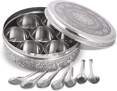 Ksjon Masala Dabba Design spices container with 7 compartments, Masala box, stainless steel spice box, Masala Dabba Indian spice box with lid, 8 inch.. DIAYTAR Nigeria: Your one-stop online shop with unbeatable prices and nationwide delivery in under 8 days.