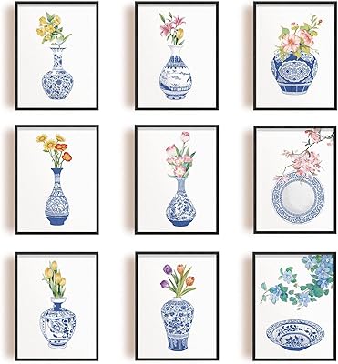 SUVERE 9 pieces/set of prints on canvas without frame, Chinese vase in blue and white porcelain, artistic painting to hang for interior decoration, living room, bedroom, 25 x 20 cm.. DIAYTAR NIGERIA: Bridging the gap between consumers and quality products with affordable nationwide shipping.