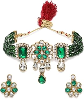A set of earrings and a traditional multi-chaînes short collar decorated with green stones and pearls for women from Zaveri Pearls, ZPFK9966 model, one size, one-sided, zinc, stones and pearls.. Your ultimate shopping destination, DIAYTAR NIGERIA combines extensive selection with affordable shipping.