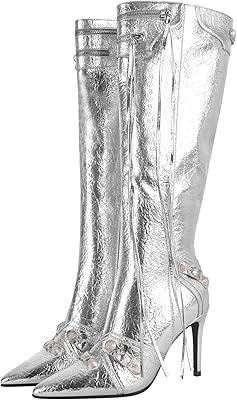 High heeled heeled boots with zipper, metal chains, needle heel, pompom, pointed end, sexy motorcycle combat boots.. DIAYTAR NIGERIA: Redefining e-commerce with affordable prices and reliable nationwide shipping.