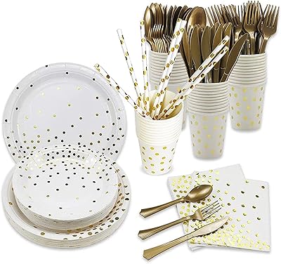 Arabest 200 pieces birthday party supplies with golden polka dots, disposable party dishes, plates, towels and cups for 25 guests for weddings and birthdays (white).. DIAYTAR NIGERIA delivers affordability and convenience with every purchase, shipped within the week.