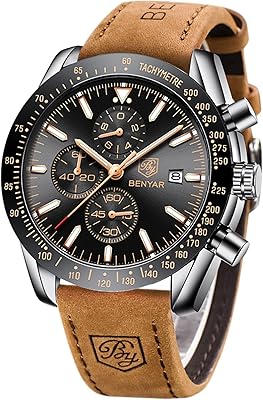 Beniar quartz chronograph watch for men with brown leather bracelet, water-resistant sport-resistant sports watch with date and calendar/blue/black dial, elegant gift.. Your digital shopping destination, DIAYTAR NIGERIA combines variety with affordability and quick delivery.