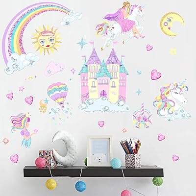 Wall stickers Château de Licorne in vinyl stickers reflective arc-en-ciel for children decoration.. DIAYTAR NIGERIA transforms online shopping with competitive prices and dependable nationwide delivery.