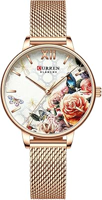 9060 casual quartz watch for women with dial with floral pattern and stainless steel mesh bracelet, water resistant 3 ATM, gold, bracelet.. Your trusted shopping partner, DIAYTAR NIGERIA offers extensive selection with quick delivery options.