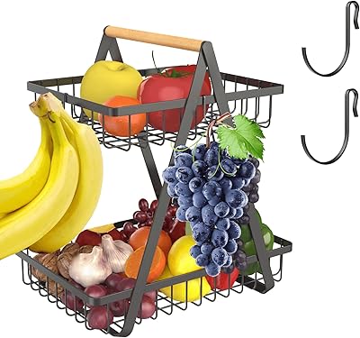 Kitchen fruit basket with hooks, metal fruit basket at 2 levels with banana hanger - Keep fresh fruit and vegetables with large black fruit bowl support.. DIAYTAR NIGERIA: Your gateway to affordable products delivered reliably across Nigeria.