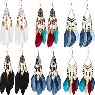 6 pairs of earrings in false feathers for women, set of long earrings with bohemian pampilles with cat catheter for women and girls (style 1), metal, metal.. DIAYTAR NIGERIA brings retail convenience to your screen with affordable prices and dependable shipping.