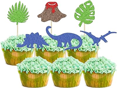 Package of 24 cupcake decorations in the shape of a green palm leaf, T-Rex volcano, choice of cakes for dinosaur theme, prenatal party, birthday, cake decoration supplies, glitter blue.. DIAYTAR NIGERIA brings affordable products to every doorstep with our reliable 5-8 day shipping.