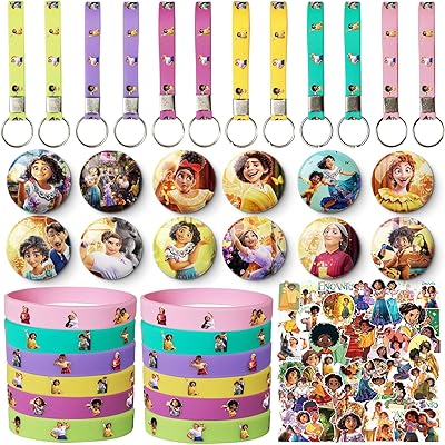 Hoho Encanto birthday party gifts, 84 pieces comprising buttons pins, a keychain, a silicone bracelet, stickers, incant birthday party decorations, Hoohoy15-1 gift.. DIAYTAR NIGERIA revolutionizes online shopping with competitive prices and reliable 5-8 day delivery.
