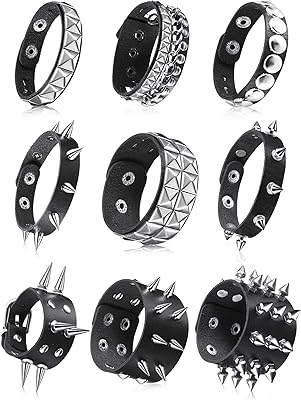 9pcs spike bracelet 9pcs studded in black leather rivet punk wrap metal bracelet pressure button bracelet for men and women.. DIAYTAR NIGERIA makes quality accessible with low prices and reliable 5-8 day nationwide delivery.
