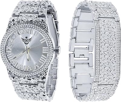 Silver dial for men, set of personalized nugget watch bracelets, 43 mm analog simulated diamond - flamboyant ultra bling watch set.. Shop smart, shop DIAYTAR - Nigeria's most affordable e-commerce platform with nationwide delivery.