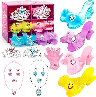 Princess jewelry shoes for little girls 4 pairs of play shoes and jewelry.. DIAYTAR NIGERIA delivers more than expected with our extensive catalog and 5-8 day delivery service.