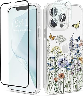 Semjar 13 mobile phone case for iPhone 13 with a flower and butterfly pattern with a camera and a screen protector, a transparent anti-shock shell with a beautiful flower motif for girls and women, wireless loading is available.. Great deals and fast delivery — the DIAYTAR Nigeria guarantee.