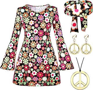 Set of hippie costumes for women from the 70s and 80s, disco outfit for women, sign of peace, earring, headband, dress for halloween cosplay.. Buy better with DIAYTAR Nigeria — the ultimate e-commerce platform in Nigeria.