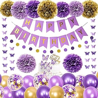 Violet birthday decorations for women and girls, hanging garland of joyful birthday butterflies with circular dots, golden purple balloons and paper flowers, cake decorations, birthday party supplies.. DIAYTAR NIGERIA: Bringing affordable shopping solutions with a diverse product catalog delivered nationwide.