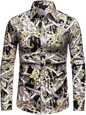 Poljoury men's shirt with black and gold pocona chain motif, luxurious baroque print silk shirt, long sleeves and buttons.. Shop smarter, not harder with DIAYTAR NIGERIA - thousands of products at your fingertips with affordable delivery.