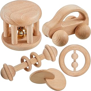 5 Montessori wooden toy pieces for babies from 0 to 6 months to 12 months old, wooden rattle toys with montessori wooden bells for babies boys and girls.. DIAYTAR NIGERIA: Where shopping dreams come true with budget-friendly prices and nationwide shipping.