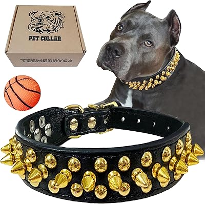 Teemerryca dog collar in black leather with golden tips for small, medium and large animals, pit bulls/bulldog, prevents the dog from being seized by huge dogs, L (15 \ "-18.5 \").. DIAYTAR NIGERIA: Where affordability meets variety, with thousands of products delivered in less than 8 days.