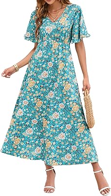 Summer bohemian beach dress, floral print, short sleeves, ruffles, for women.. Shop from anywhere in Nigeria and receive your DIAYTAR purchases at affordable prices within a week.