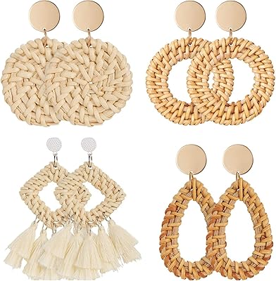 Light earrings in geometric woven style Bohemian style, 4 pairs made by straw and wicker with a braided design, hanging earrings for women and girls.. DIAYTAR NIGERIA: Where shopping meets satisfaction with affordable prices and delivery within 8 days.