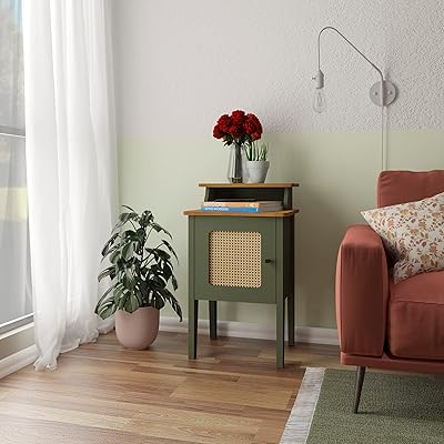 Appoint table Artley Charlotte with door and bamboo painted in 3D, light green/oak - L43 x D36 x H72.5 cm.. DIAYTAR NIGERIA revolutionizes online shopping with competitive prices and reliable 5-8 day delivery.