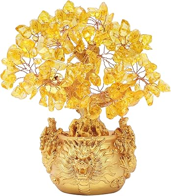 Bavinka Bonsai Citrine/Yellow Feng Shui silver tree with Chinese ornament for luck and wealth.. DIAYTAR NIGERIA: Bringing quality products to every Nigerian home at prices everyone can afford.