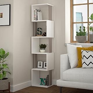 Corner Library Decortie Beri, Library open on several levels, perfect shelves for the house, the kitchen, the corridor, the bedroom, the living room P 30 x L 35 x H 161 cm (white - Mucha light).. DIAYTAR NIGERIA: Where shopping is affordable, selection is vast, and delivery is always reliable.
