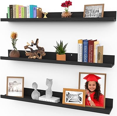 Floating wall shelves Icona by 36 ", set of 3" in black ebony wood, modern rustic style, wall shelves, photo frames.. DIAYTAR NIGERIA transforms how Nigerians shop with our affordable prices and dependable shipping times.
