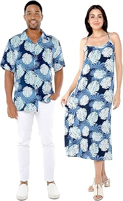 Hawaiian shirt for couple or long darling dress matching in navy blue pacific palm.. Your go-to destination for affordable online shopping, DIAYTAR NIGERIA delivers in under 8 days.